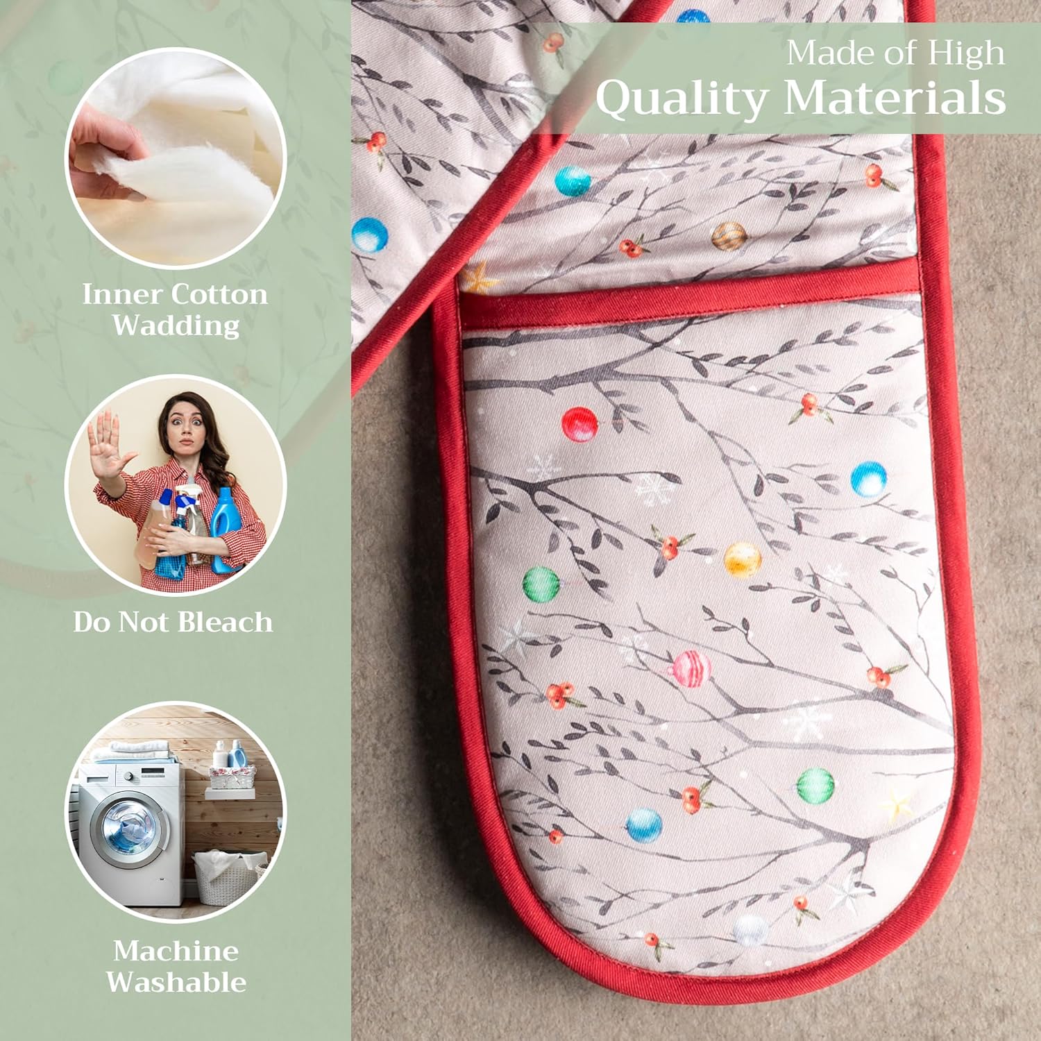 Maison d' Hermine Double Oven Mitt 100% Cotton Heat Resistant Cooking Gloves with Loop, Baking Barbeque, Handling Hot Pan, Fairy Christmas - Thanksgiving/Christmas (7 Inch x 35 Inch)