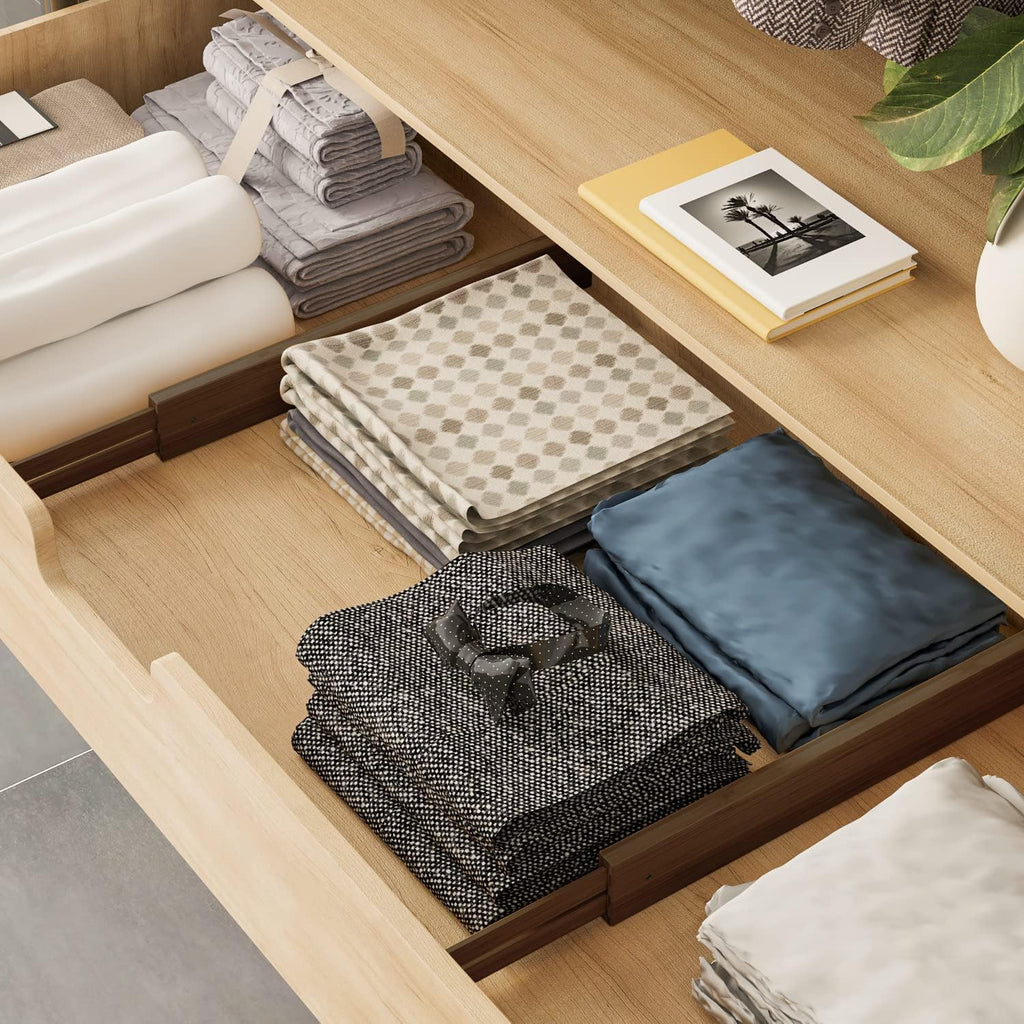 BAMEOS Drawer Divider,Expandable Bamboo Separators Adjustable Utensil Knife Fork Tool Kitchen Organizer, Clothes Fabric Drawer Organizer In Bathroom Bedroom Office, Cabinet Dresser Organizer 4-pack