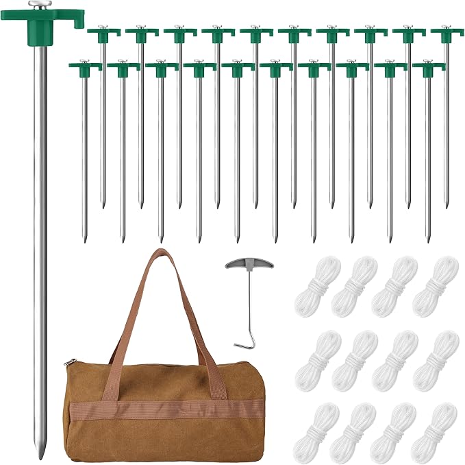 Aodaer 24 Pack Tent Stakes Heavy Duty Tent Pegs 10.25 Inch Non-Rust Metal Yard Stakes with 4x10ft Ropes and Storage Bag Inflatable Stakes for Gardening & Canopies, Camping Halloween Christmas, Green