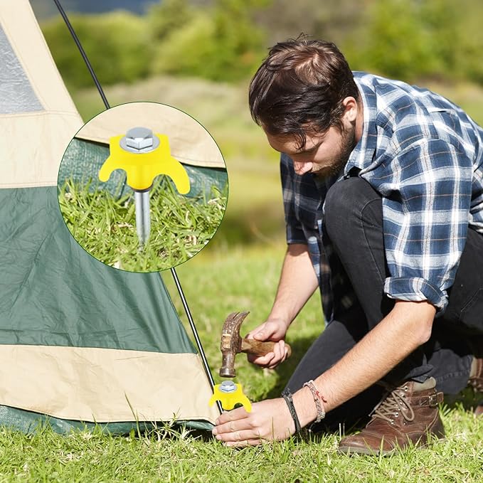 20 Pcs 8" Screw in Tent Stakes Heavy Duty Tent Stakes Drillable Ground Anchors Screw Metal Tent Pegs Threaded Tent Spikes with Head Driver for Swing Inflatable Decor (Yellow)