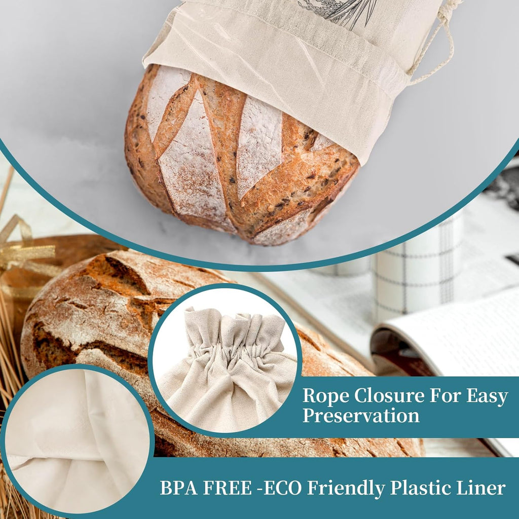 2 Pack of Bread Bags for Homemade Bread，Reusable Linen Sourdough Storage Bags with Plastic Liner,Cotton (17.7" x12")