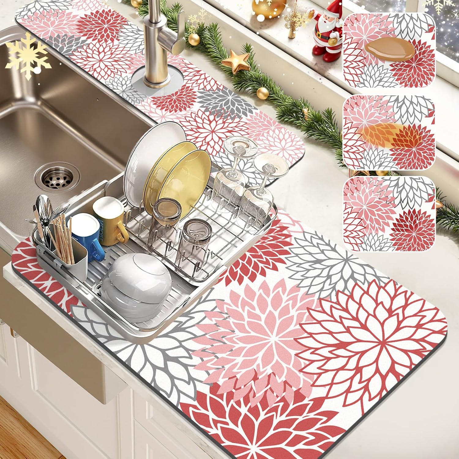 Findosom 2PCS 16" x 24" Dish Drying Mat & 24" x 5.5" Sink Splash Guard, Super Absorbent & Cuttable Dish Mat Drying Kitchen Mat with Red Floral, Hide Stain Drying Mat for Kitchen Counter