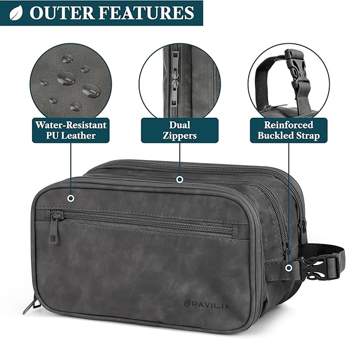 PAVILIA Toiletry Bag for Men, Travel Toiletries Bag | Water-resistant Dopp Kit, PU Leather Shaving Pouch Organizer for Accessories, Cosmetic, Hygiene, Grooming Essentials (Black)