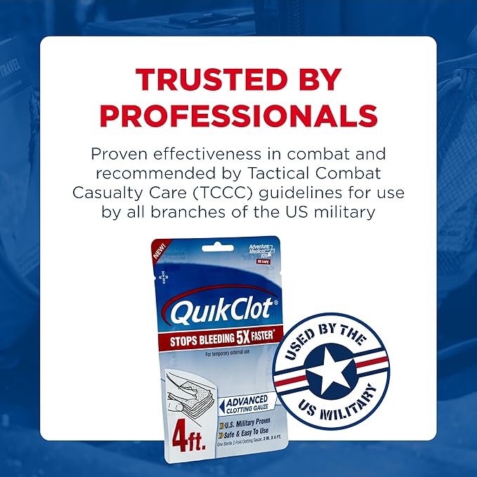 Adventure Medical Kits QuikClot Gauze - for Emergency Survival Kit, Doomsday Prepping Supplies & More - Stops Bleeding Fast with Kaolin - Flexible Hemostatic Medical Gauze - 3" x 24" (2 Strips)