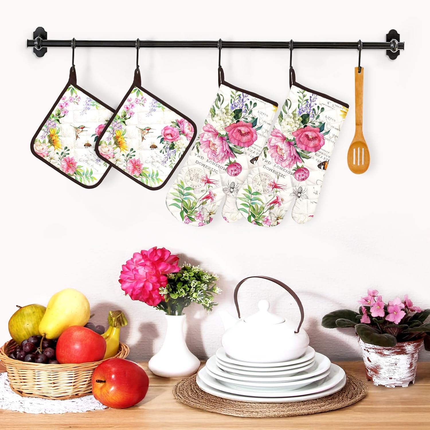 Vintage Flower Oven Mitts and Pot Holders Sets 4Pcs, 100% Cotton Heat Resistant, Extra Long Oven Gloves Potholder for Kitchen Cooking Baking Decoration