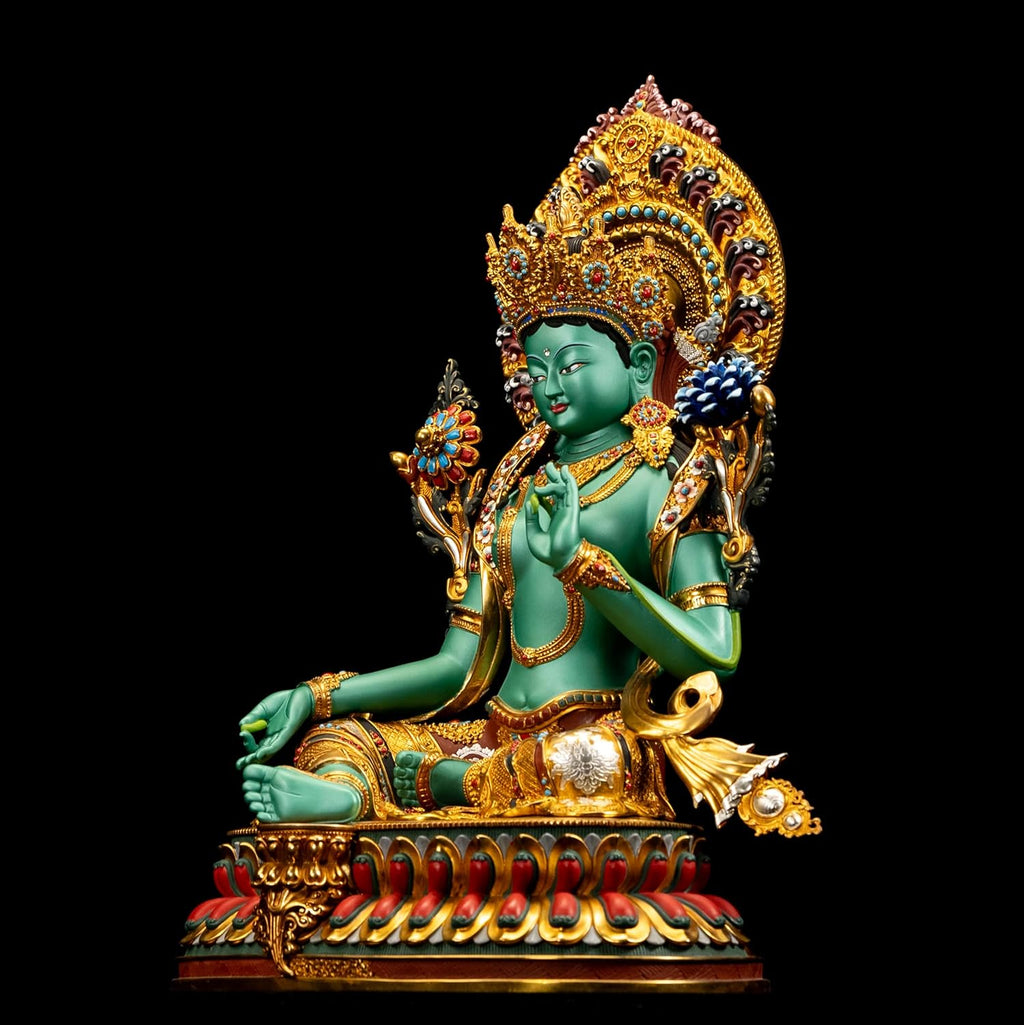 Handmade Copper Buddha Statue Indoor, Green Tara Buda Sculpture for Home Decor, Hand-Painted Colored Buddhist Budda,14.17"
