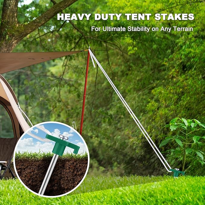 Aodaer 24 Pack Tent Stakes Heavy Duty Tent Pegs 10.25 Inch Non-Rust Metal Yard Stakes with 4x10ft Ropes and Storage Bag Inflatable Stakes for Gardening & Canopies, Camping Halloween Christmas, Green