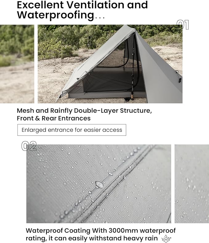 OneTigris HILLRIDGE Backpacking Tent, Waterproof Windproof 2 Person Tent, 20D SIL-Coated Nylon, Single Layer, Ultralight 3 Season Tent for Camping Hiking Canoeing Travel