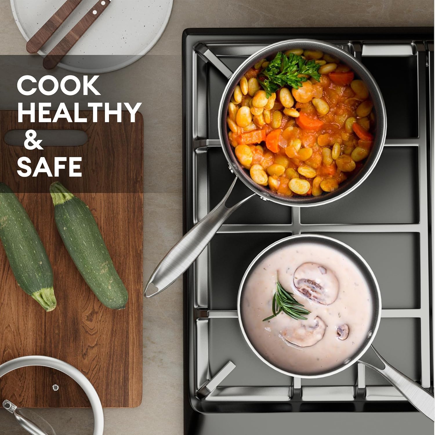 COOKER KING 1.5 Quart Stainless Steel Saucepan, Nonstick Sauce Pan, Ceramic Suce Pot with Tempered Glass Lid, Induction Pot Compatible with All Cooktops, Dishwasher & Oven Safe(PFAS/PFOA/PTFE Free)