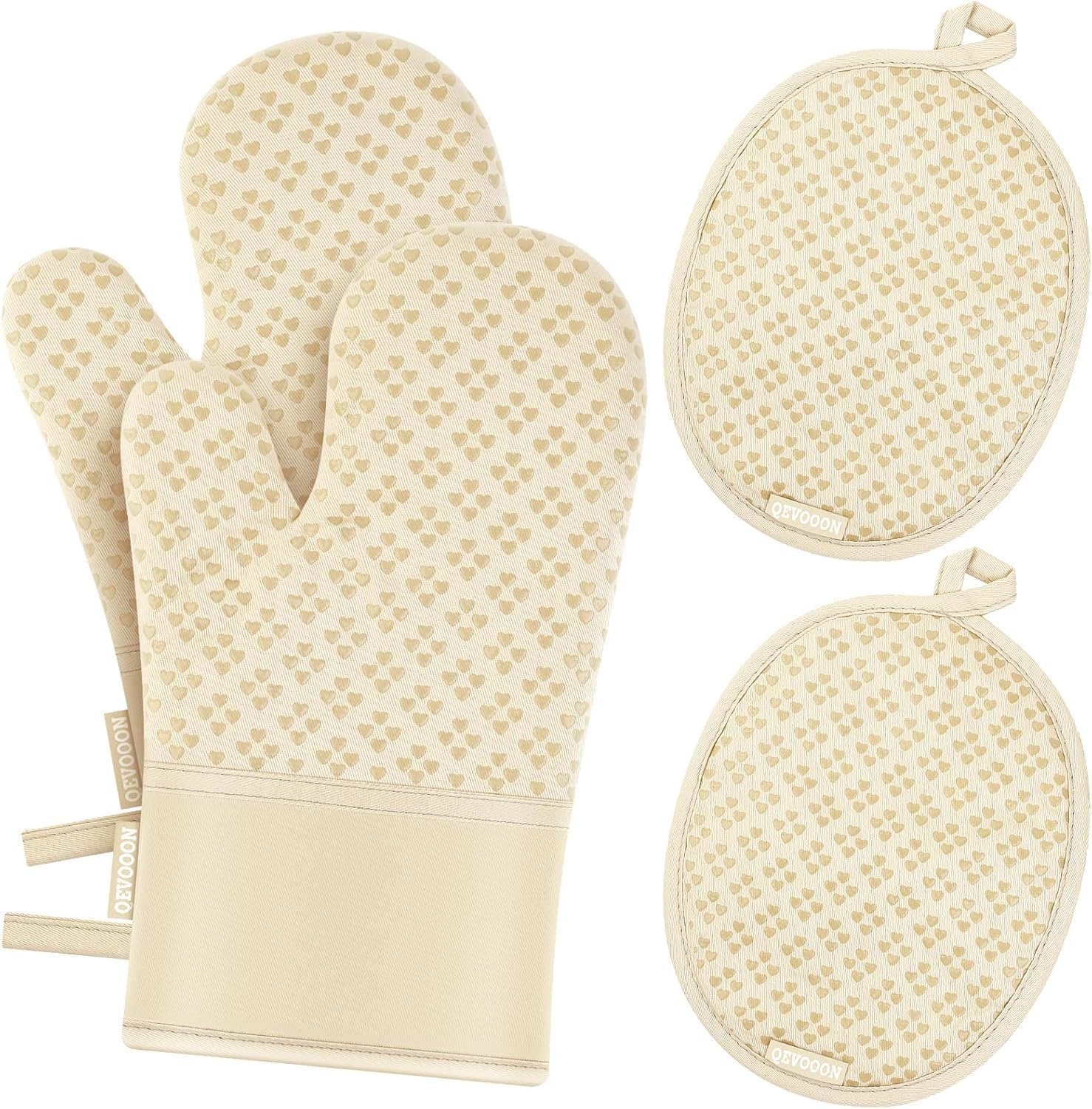 Oven Mitts and Pot Holders 4 Sets, Heat Resistant 500 ℉ Oven Mitt and Pot Holder,Oven Glove&Potholders with Non-Slip Silicone Surface,Kitchen Essentials for Cooking/Baking/BBQ-Beige
