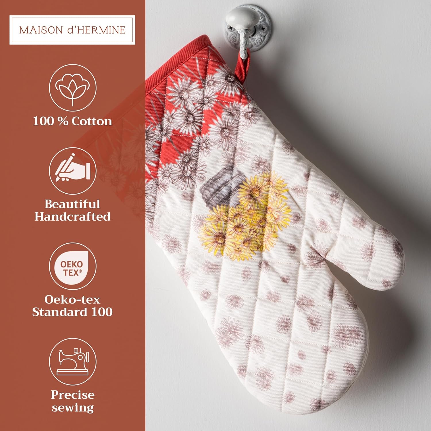 Maison d' Hermine Oven Gloves 100% Cotton Oven Mitt 7" x 13" with Loop Heat Resistant, BBQ, Cooking Gloves, Baking, Grilling, Kitchen, Handling Hot Pans (Pack of 1, Bagatelle)