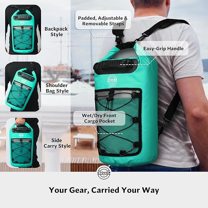 STOVER 5/10/25/30/40/55L Waterproof Dry Backpack- Medium Floating Dry Bag for Kayaking, Travel, Tubing, Hiking, Fishing, Camping, Motorcycles & Beach, Heavy-Duty Roll Top Men/Women (Teal)