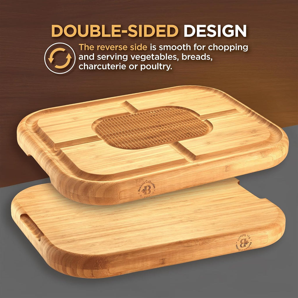 Meat Cutting Board for BBQ & Grilling - Spikes to Stabilize Meat & Juice Groove - Heavy Duty Bamboo Carving Board with Reversible Steak Tray - Great Gift