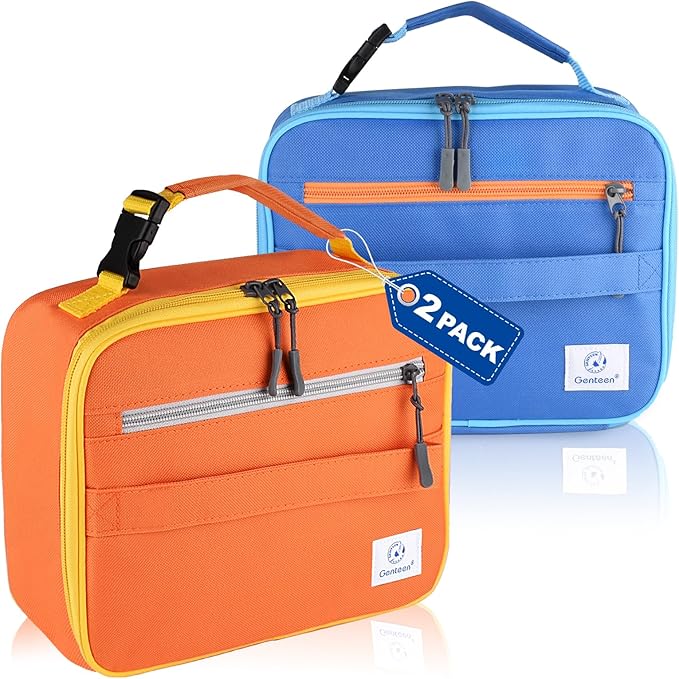 2 Packs Insulated Soft Lunch Bag With Double Zipper - Sturdy, Freezable and Reusable for Kids, Men - For School, Work, Outdoor (B-2pk Blue+Orange)