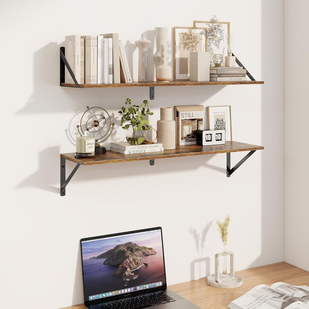 Heimlove Deep Floating Shelves for Wall, 32W x 8D Wood Wall Shelves Set of 2, Wide Floating Bookshelf for Living Room, Kitchen, Office, Bedroom and Decor Storage, with Metal Bracket - Rustic Brown