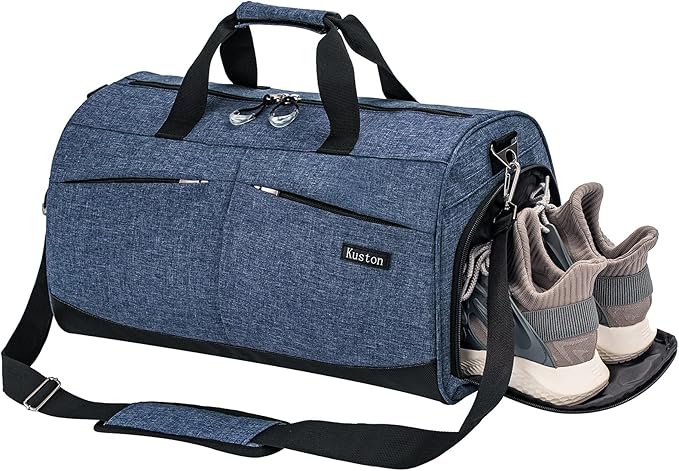 Kuston Sports Gym Bag with Shoes Compartment &Wet Pocket Gym Duffel Bag Overnight Bag for Men and Women (Navy blue)