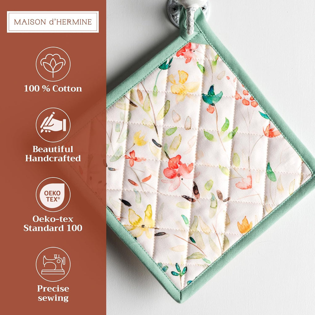 Maison d' Hermine Pot Holders Set 100% Cotton Heat Resistant Potholders 8" x 8" Hot Pads with Loop BBQ, Cooking, Baking, Grilling, Kitchen, Handling Hot Pans Spring/Summer (Pack of 2, Colmar)