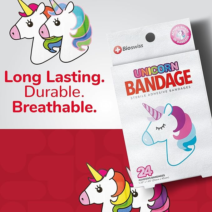 BioSwiss Bandages, Unicorn Shaped Self Adhesive Bandage, Latex Free Sterile Wound Care, Fun First Aid Kit Supplies for Kids, 24 Count