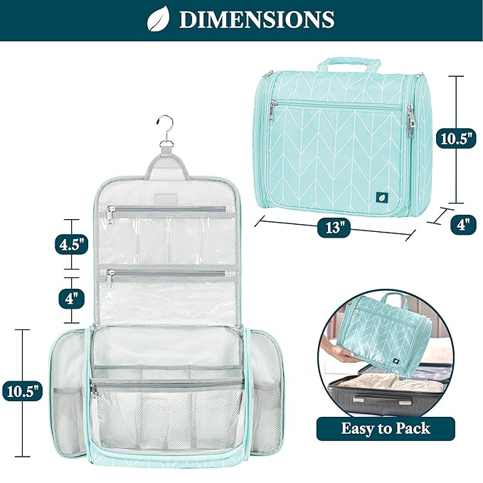 PAVILIA Large Hanging Toiletry Bag Travel Bag Women Men, Cosmetic Organizer, Water Resistant Makeup Bag Accessories Toiletries, Travel Essentials Kit, Teal Chevron