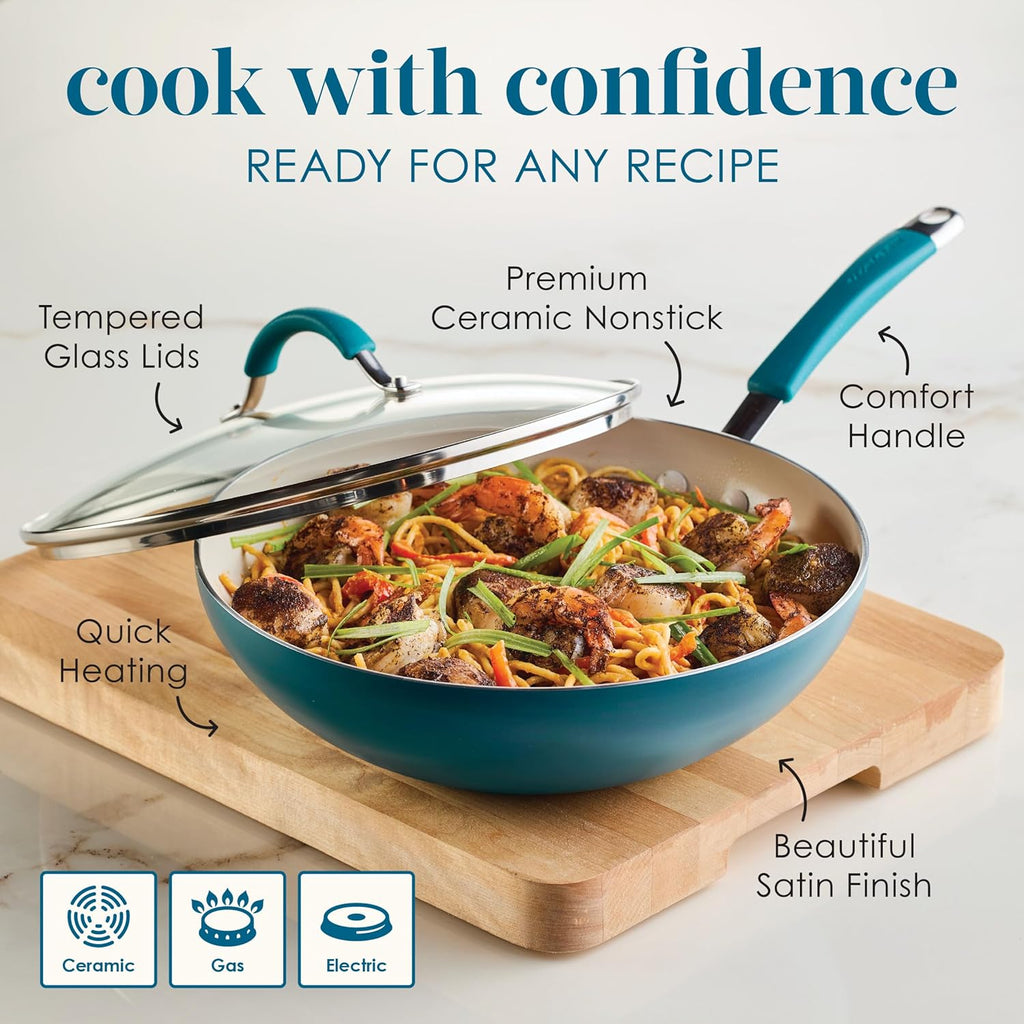 Rachael Ray Cucina Ceramic Nonstick Stir Fry Pan and Lid, 11 Inch Non Stick Wok Pan, Dishwasher Safe - Marine Blue
