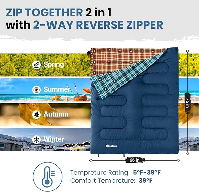 KingCamp Sleeping Bag for Adults, Cold Weather & Warm XL Big and Tall Flannel Sleeping Bags with Compression Sack Portable Waterproof Essentials Gear Accessories for Outdoor Camping