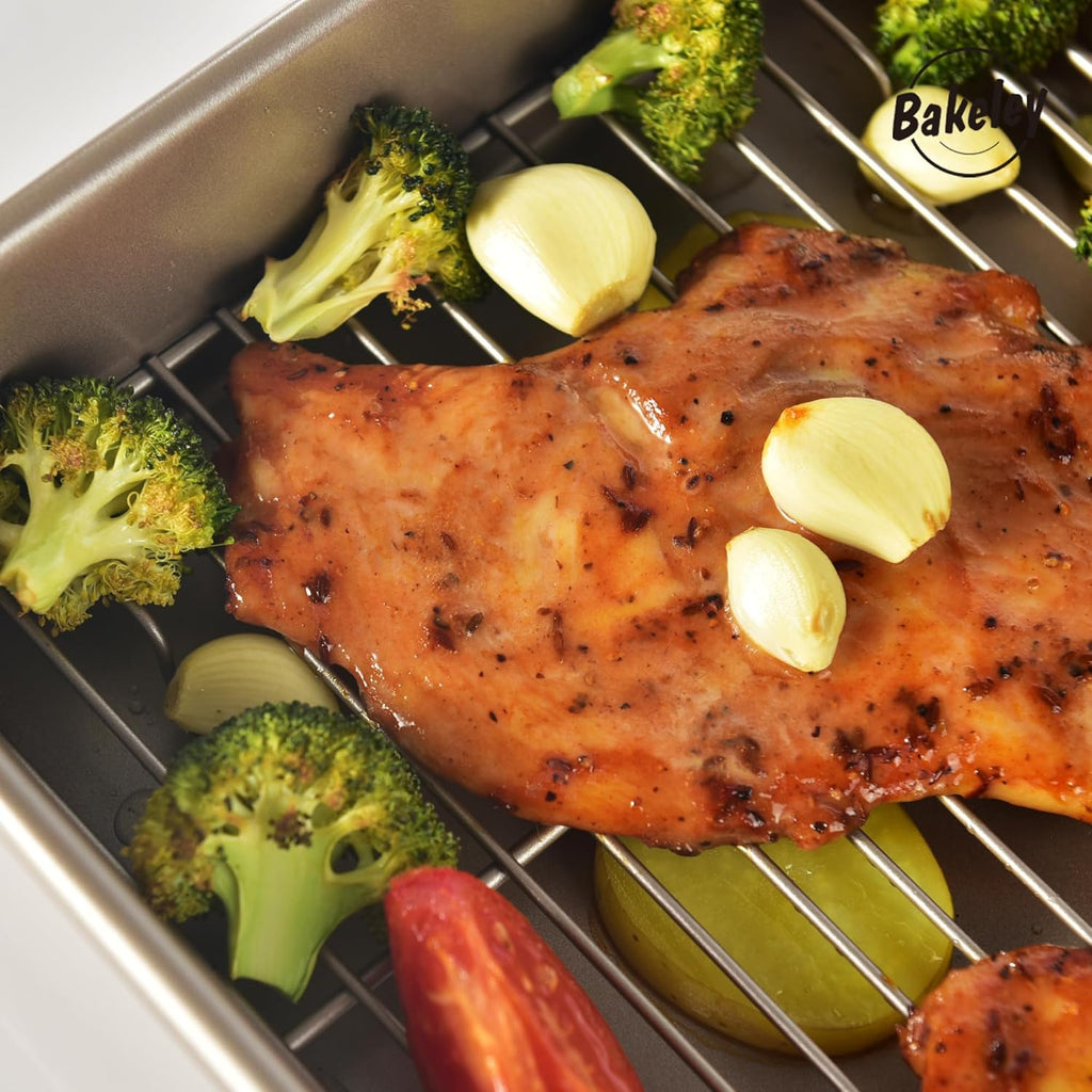 13-Inch Nonstick Roasting Baking Pan with Wire Rack(1Pan & 1Rack), Non-Stick Rectangular Deep Dish Oven-BBQ Bakeware for Oven Baking 13.78" x 9.84" x 2.36" (Champagne Gold)