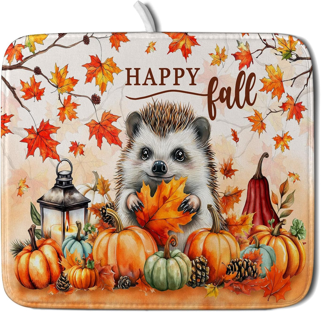 Happy Fall Dish Drying Mat - Cute Hedgehog Absorbent Drying Pad for Kitchen Counter