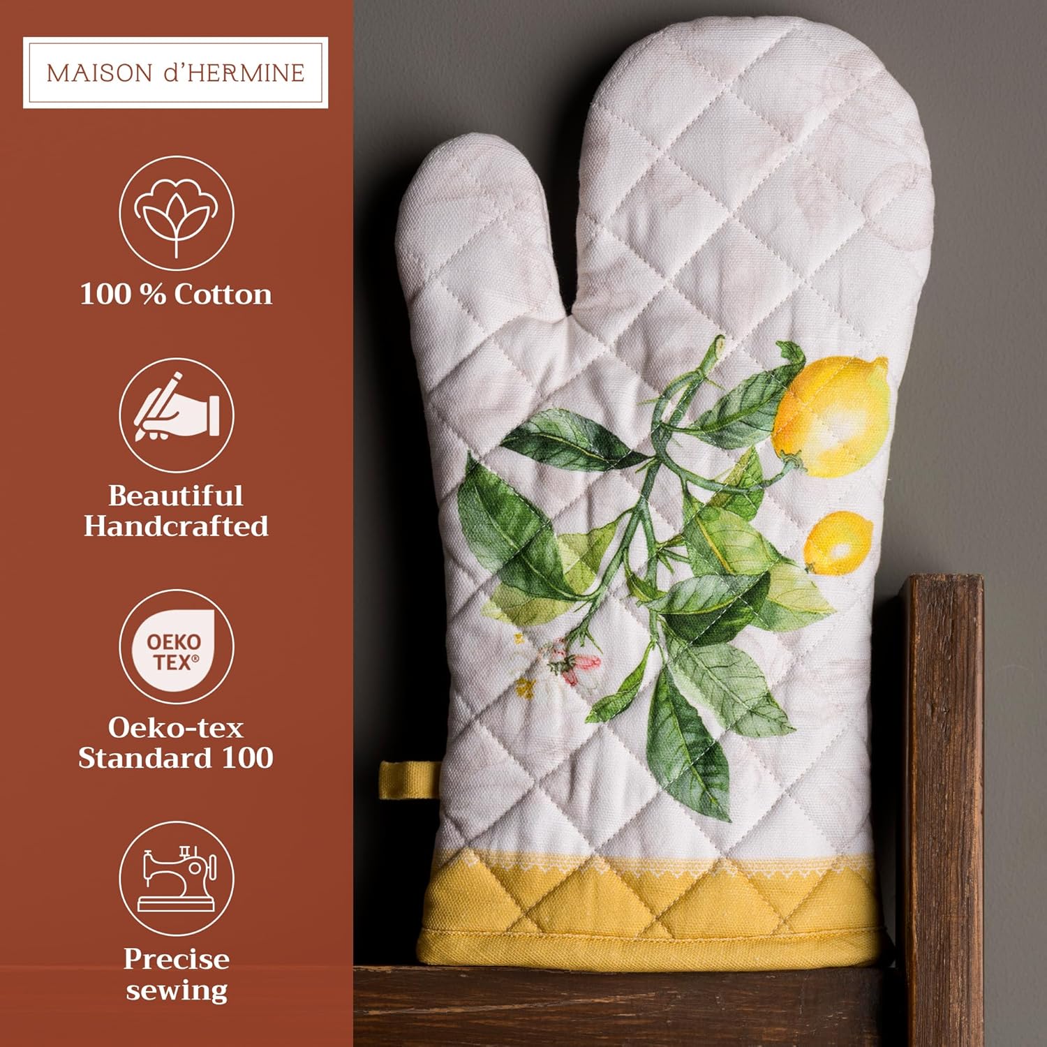 Maison d' Hermine Oven Gloves 100% Cotton Oven Mitt 7" x 13" with Loop Heat Resistant, BBQ, Cooking Gloves, Baking, Grilling, Kitchen, Handling Hot Pans Spring/Summer (Pack of 1, Limoncello)