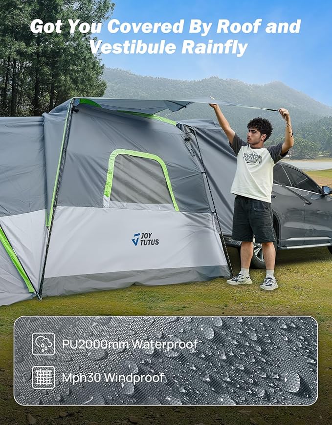 JOYTUTUS SUV Tent with Screen Porch and Awning for Family Camping, 60% More Space Car Tent for 5-9 Person, Dual-Use SUV or Camping with Rainfly, Double Door, Starry Sky Roof, Fit for SUV Car Van