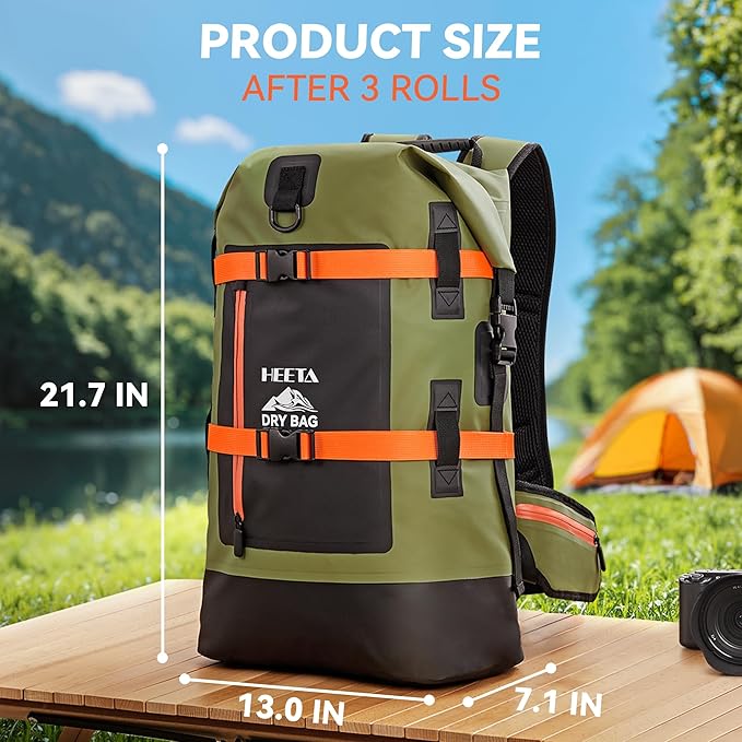 HEETA Waterproof Dry Bags Backpack 40L for Men & Women, Roll Top Heavy Duty Cushioned Hiking Backpack for Kayaking Boating Paddle Boarding Fishing Travel Camping Beach Vacation Cruise Ship Essentials