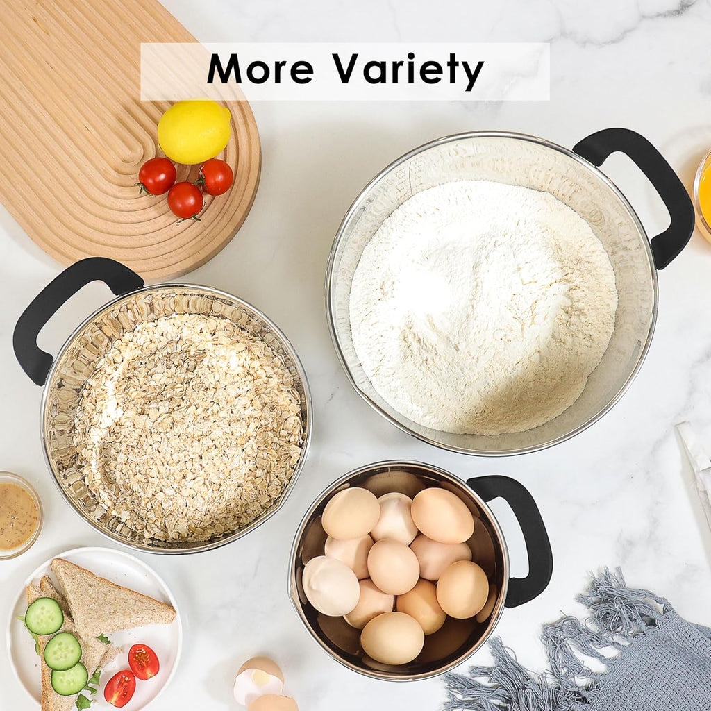 Rorence Stainless Steel Mixing Bowls: Stackable Mixing Bowl Set with Lids and Handles Non-slip Silicone Bottom Nesting Bowls for Kitchen Set of 3 - Black