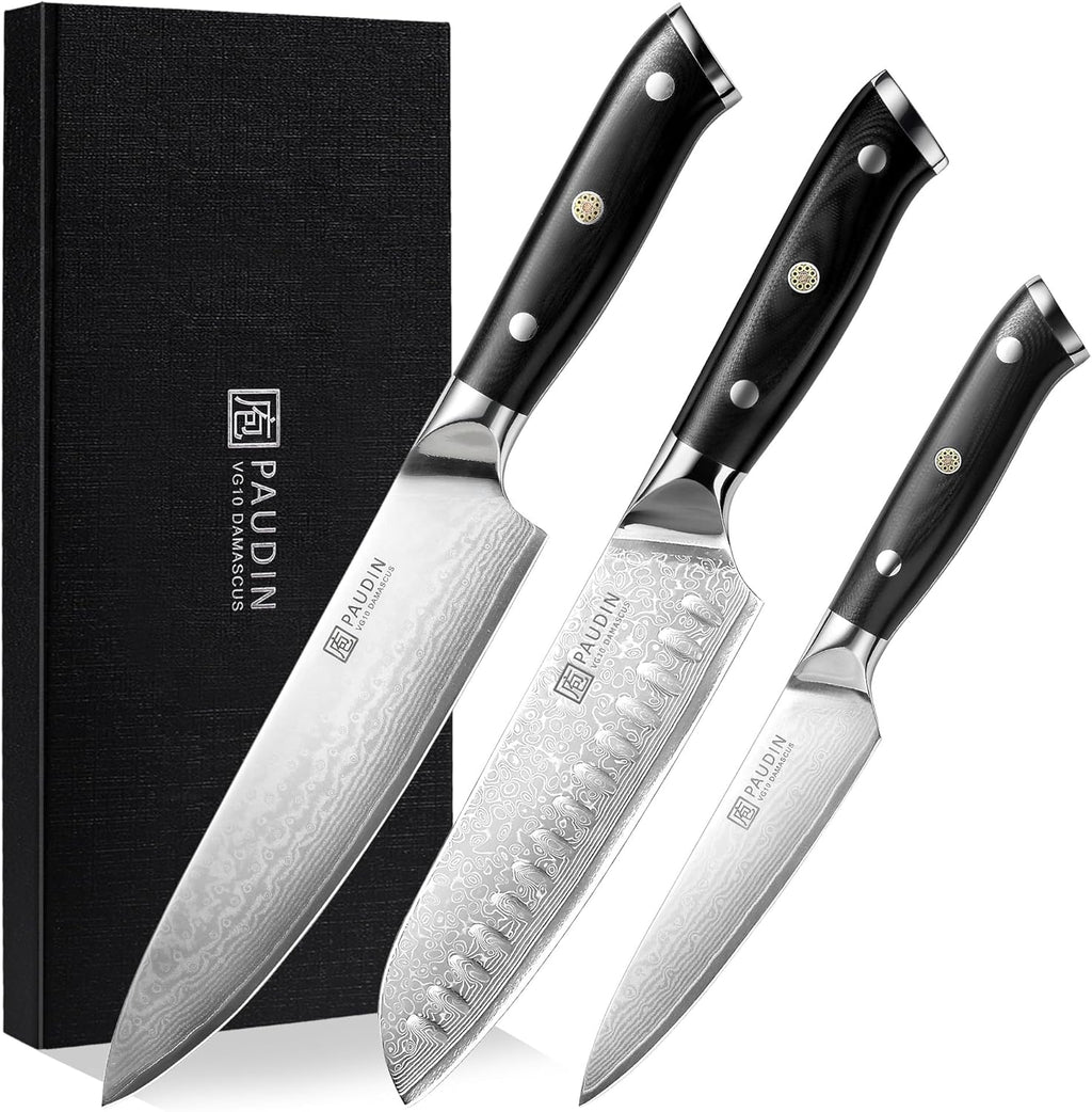 PAUDIN Damascus Knife Set 3 PCS, Japanese VG10 Steel Core, Ultra Sharp Chef Knife Set, Full Tang G10 Handle, Damascus Kitchen Knives