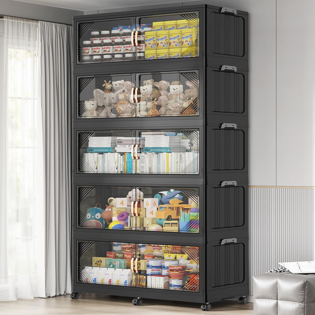 275Gal Plastic Stackable Storage Bins with Lid, 1100QT Extra Large Closet Organizers Collapsible Cabinets Boxes With Drawers, Foldable Containers with 6x Wheels for Home Kitchen, V60 5Pack Black