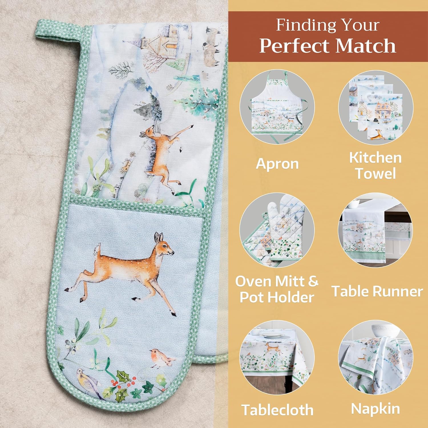 Maison d' Hermine Double Oven Mitts 100% Cotton 7"x35" Double Oven Mitt Heat Resistant BBQ Cooking Gloves with Loop, Baking, Grilling, Home, Kitchen, Handling Hot Pans (Snowy World)