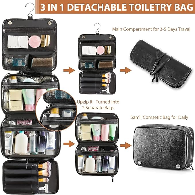 Elviros Hanging Toiletry Bag Removable Travel Bag PU leather Makeup Cosmetic Organizer Kit, Black