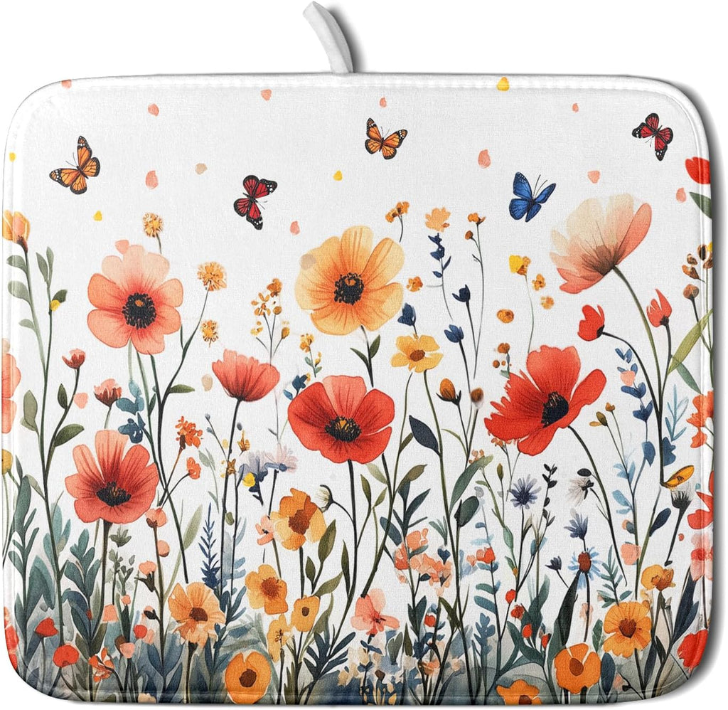 Poppy Flower Dish Drying Mat 16x18 Inch Floral Leaves Dish Drainer Protector Pad Washable Reversible Drying Pad for Kitchen Counter Sink