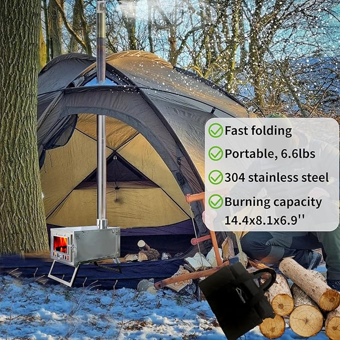 DANCHEL OUTDOOR S6/SSG Folding Camping Stove, 304 Stainless Steel Wood Burning Stove with 7.2ft Chimney, Portable Hot Tent Stove Solo Camping Survival Backpacking, Lightweight & Compact Design
