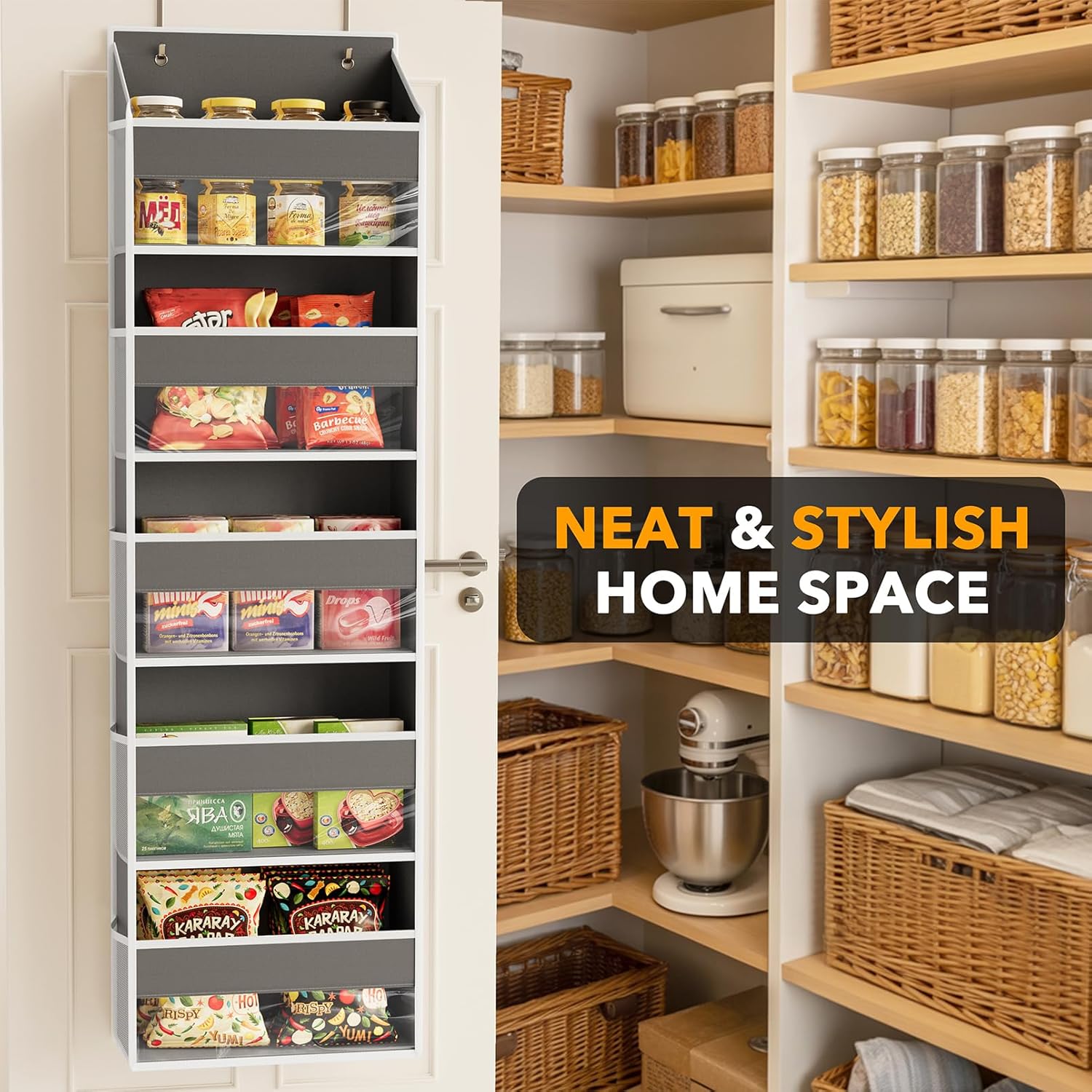 SpaceAid 2 Pack Over The Door Organizer with 5 Large Pockets and 10 Mesh Side Pockets, 5 Layers Door Organizer Hanging with Clear Window for Bedroom, Bathroom, Pantry and Nursery, Gray