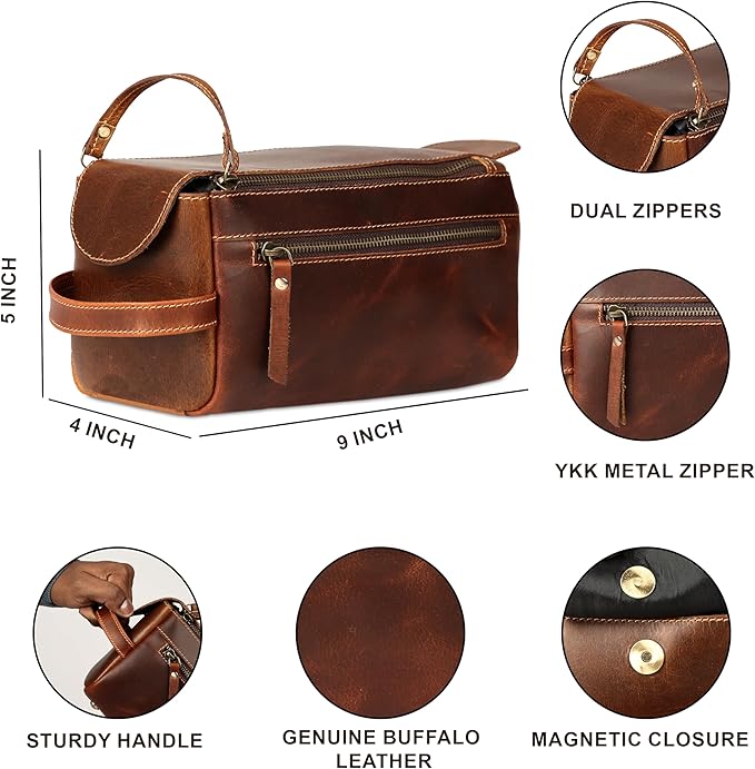 KomalC Premium Buffalo Leather Unisex Toiletry Bag Travel Dopp Kit
