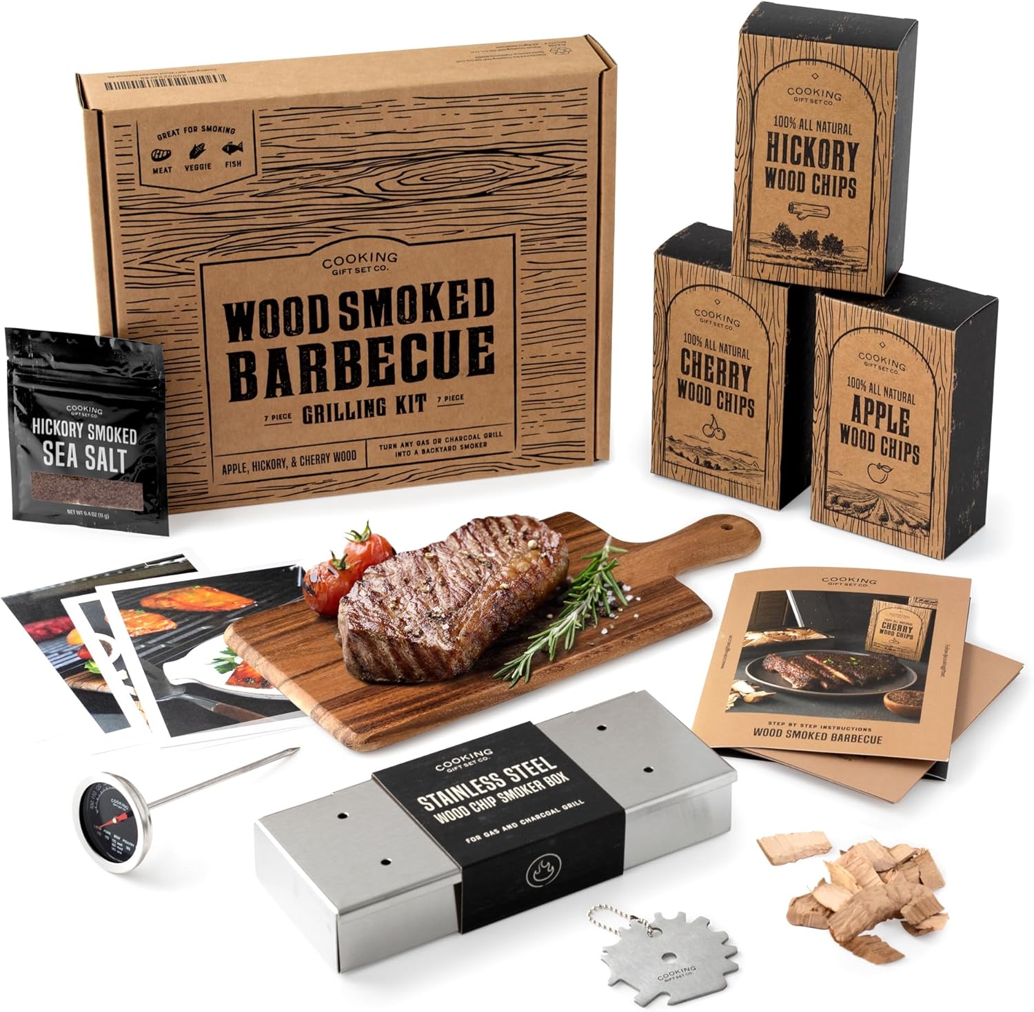Deluxe Smoker Box for Gas Grilling - Complete BBQ Smoker Box Kit with Wood Chips, Stainless Steel Smoke Box for Gas Grill & Charcoal, Thermometer, Scraper & Recipes - Smoker Accessories Gifts for Men