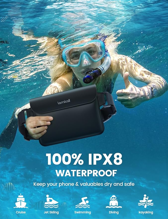 Lamicall [2Pack] Waterproof Fanny Packs, Dry Bag Pouch - [Elastic Waist Strap] Phone Waterproof Waist Pouch Dry Bag, Beach, Kayaking, Swimming, Cruise Essentials, 8.7” for iPhone 16 15 14 13 Pro Max