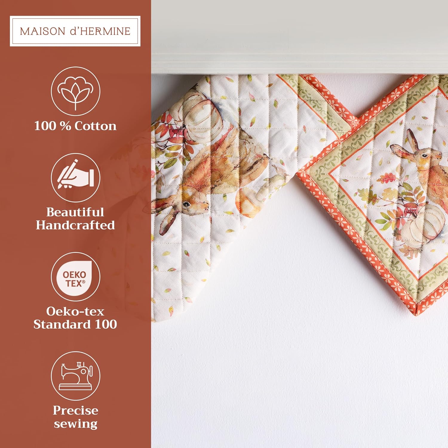 Maison d' Hermine 100% Cotton Oven Mitt & Pot Holder Set (7.5"x13" & 8"x8") Heat Resistant BBQ Cooking Gloves with Loop, Baking, Grilling, Kitchen, Handling Hot Pans (Pumpkin Passion)