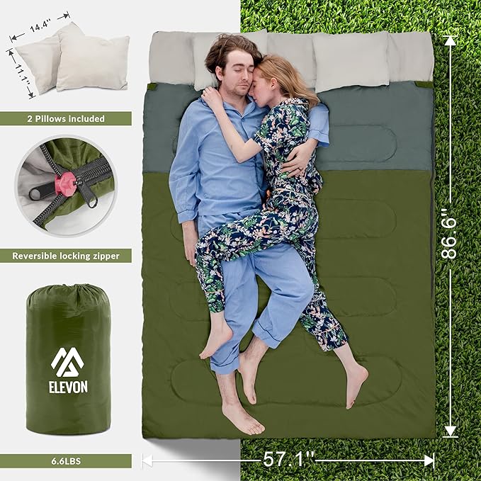 Double Sleeping Bag with 2 Pillows for Adults, Queen Size XL Sleeping Bag Waterproof, Compact with Compression Sack, 2 Person Sleeping Bags for 3-4 Seasons Camping, Backpacking, Hiking, Travel