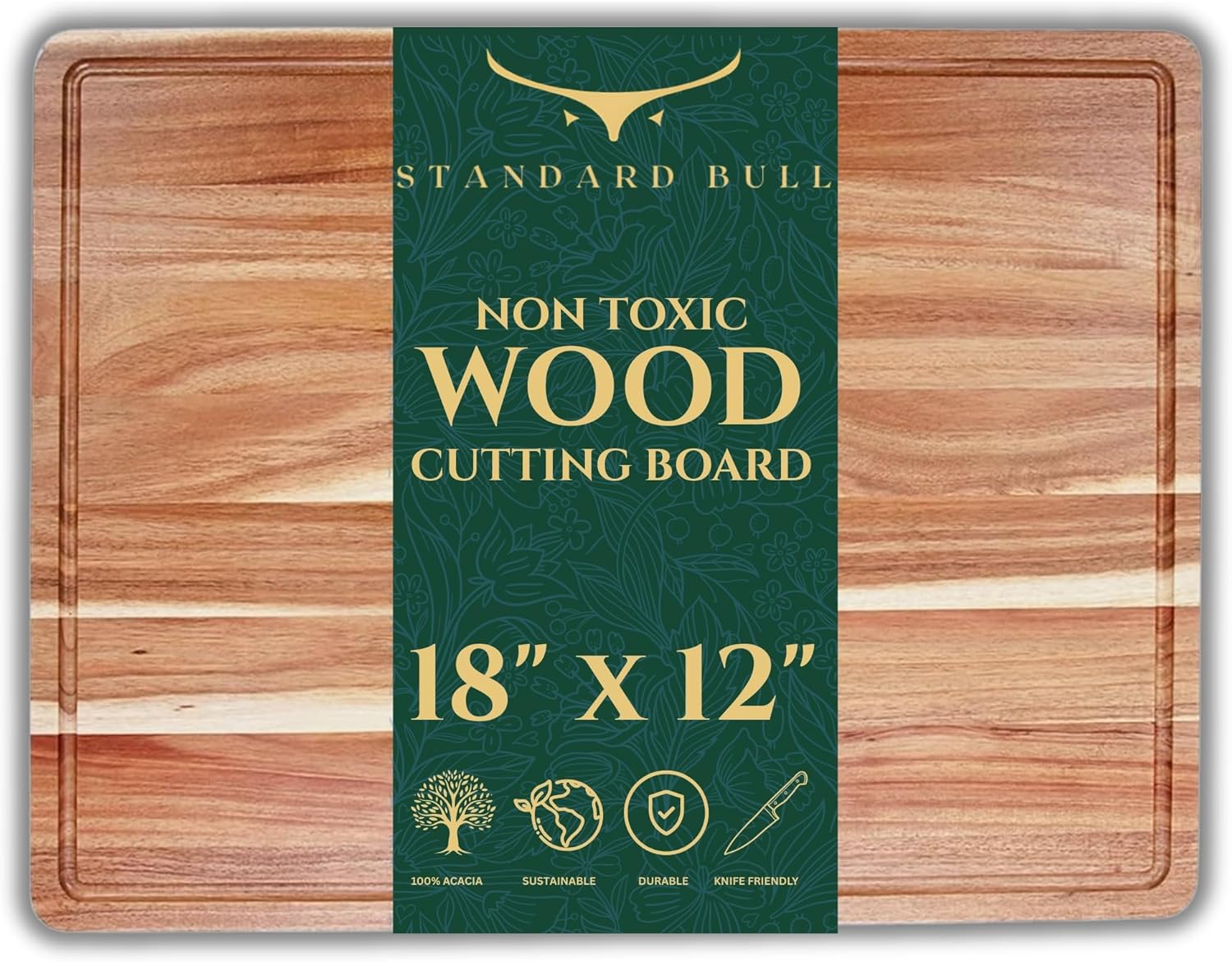 Acacia Wood Cutting Board – Large 18x12 Wood Cutting Boards for Kitchen with Juice Groove, Reversible Prep & Serving Board, Wooden Chopping Board for Mess-Free Cooking