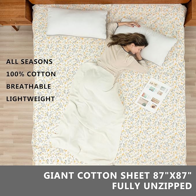 100% Cotton Sleeping Bag Liner with Full Length Zipper on 3 Sides; Single/Double Adult Sleep Sack for Travel & Camping, Multifunctional Travel Sheets (Unzipped 87”x87”) for Hotel, Lightweight