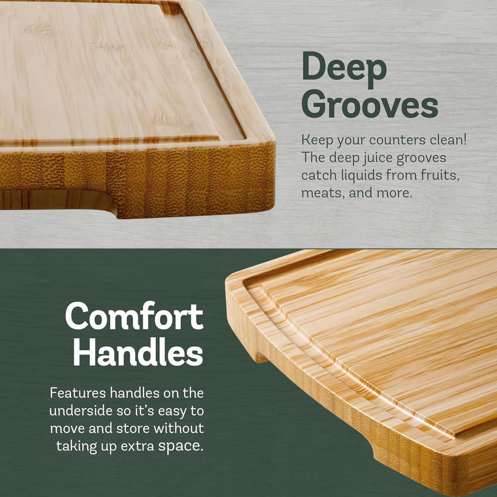Wood Cutting Board - 4 Piece Bamboo Cutting Board Set, Wooden Cutting Boards for Kitchen with Deep Juice Groove, Side Handles - Chopping Boards for Meat, Vegetables, Charcuterie - Kitchen Gift Set
