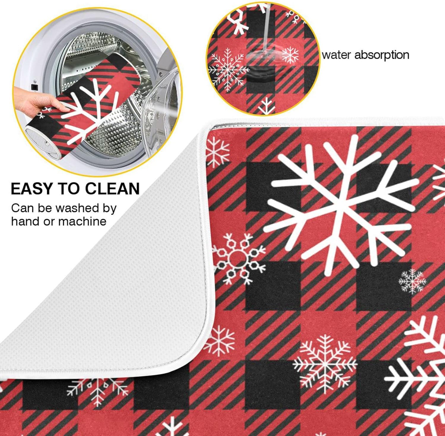 Snowflake Buffalo Plaid Dish Drying Mat for Kitchen Counter Christmas Absorbent Microfiber Drying Pad, Medium 16x18 in, Reversible Drainer Mats
