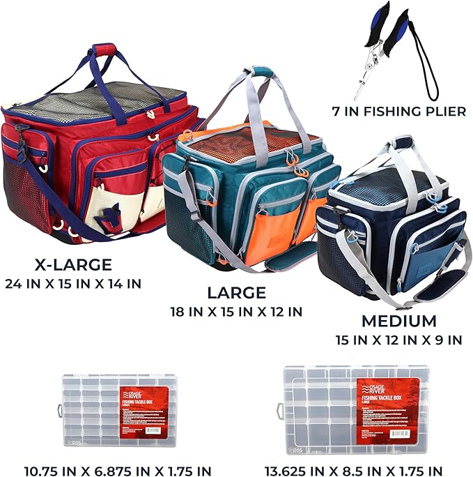 OSAGE RIVER Fishing Tackle Bag with Tackle Boxes, Saltwater Fishing Gear Bag, Tackle Box Organizer with Waterproof Non-Slip Bottom, Padded Shoulder Strap, and Fishing Pliers, Fishing Gifts for Men