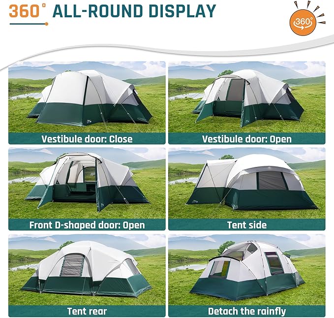Tents for Camping 6/8/10/11 Person Large Camping Tent with Porch Big Tent with Rainfly & Reflective Windproof Rope Portable with Carry Bag for Family Camping & Hiking