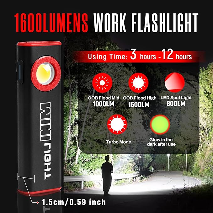 lexall LED Work Light, 1600 Lumens Mini Magnetic Flat EDC Flashlight with Clip, 3 Modes Portable Ultra-Light Bright Waterproof Pocket Light for Working, Camping, Repairing, Emergencies